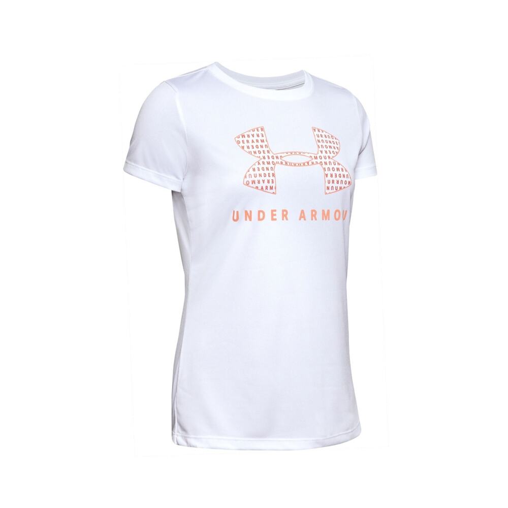 Under Armour Tech Script Women's White Pink Crew Short Sleeve Top Size L
